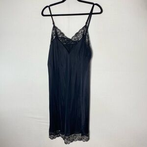 Vintage French Maid Black Satiny Chemise Slip Dress W Lace Trim L